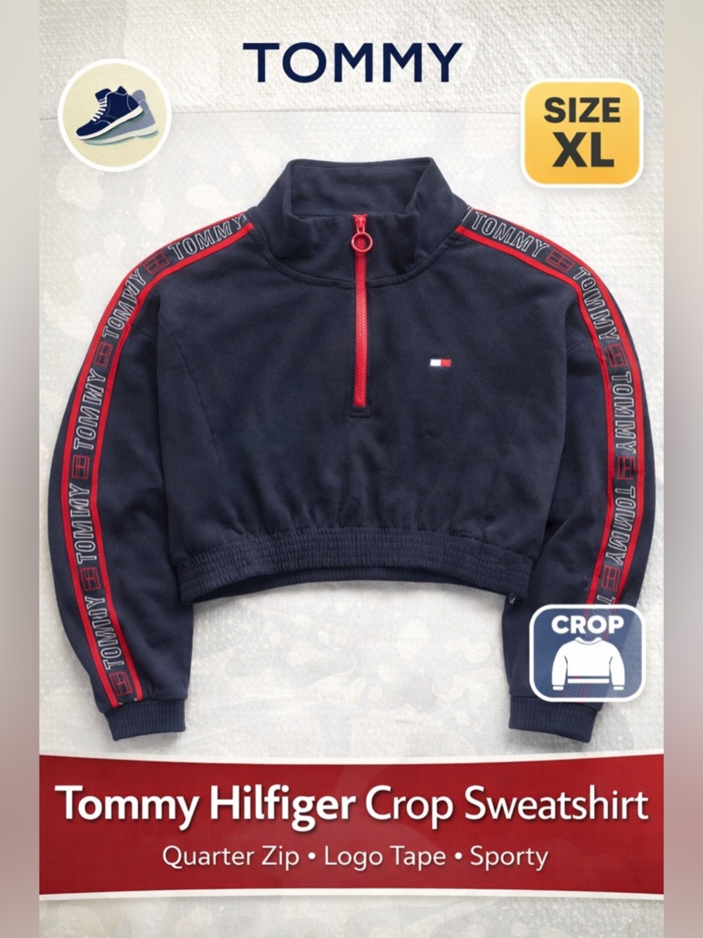 Tommy Hilfiger Crop Sweatshirt XL Navy Quarter Zip Logo Tape Sleeve